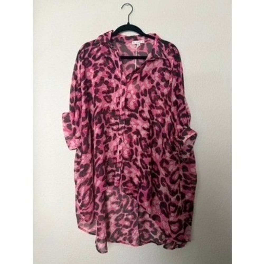 L Love Women's M/L Pink Leopard Print Sheer Button Up Blouse Tunic Top - Picture 2 of 6